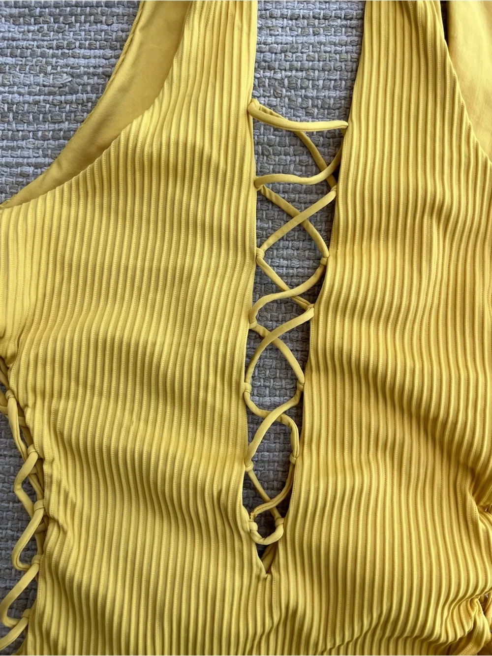 Luli Fama Pura Curiosidad Open Side One Piece Ribbed Swimsuit Yellow Lace Up  M